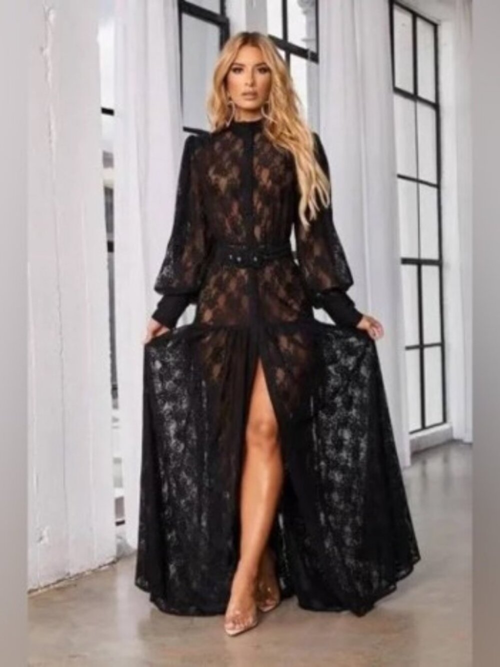 Mad For Love Lace Maxi Dress Black Button Front Belted Sheer Long Sleeve L NWT